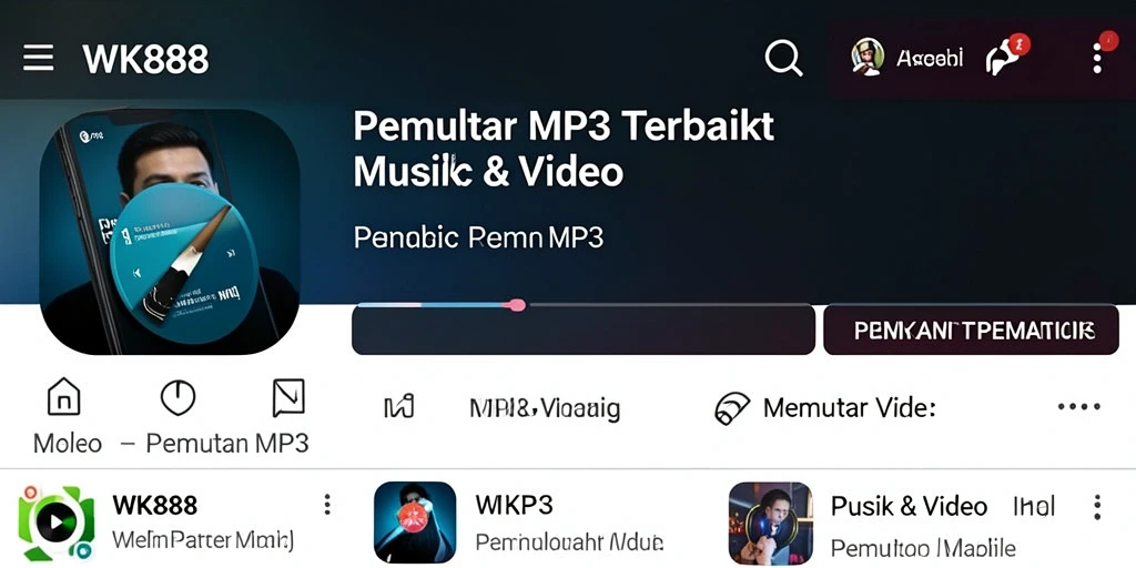 Tampilan antarmuka pengguna aplikasi Pemutar MP3 WK888 yang sederhana dan intuitif.